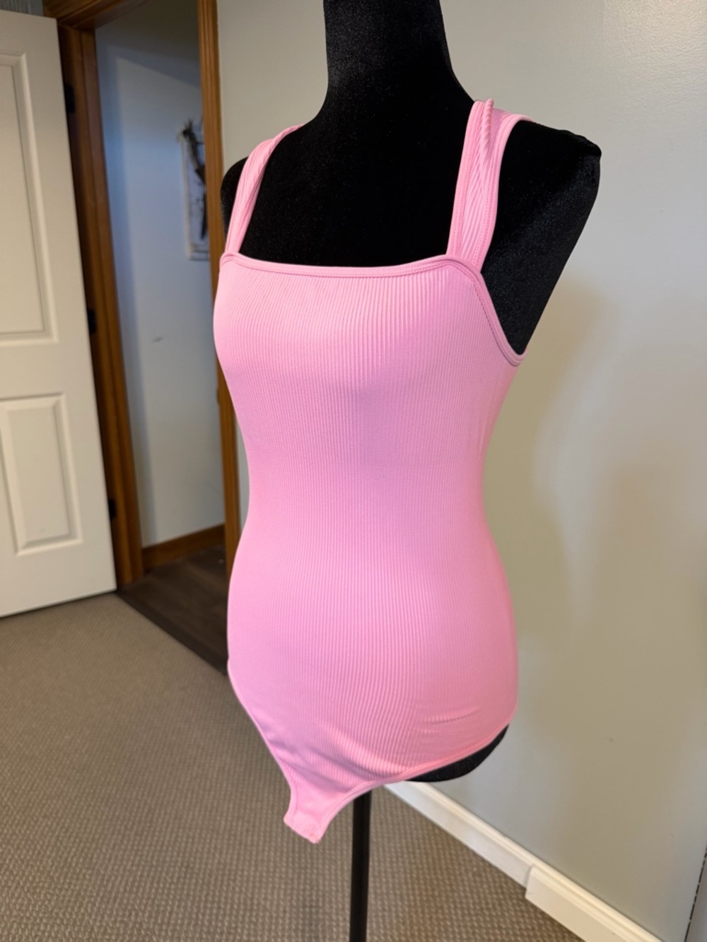 OQQ Pink Ribbed Bodysuit Size L Square Neck Stretch Fitted NWOT